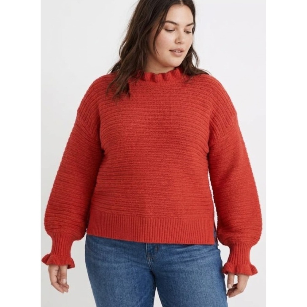 New Madewell Sweater XL Red Ruffle Neck Merino Wool Cotton Knit Balloon Sleeve